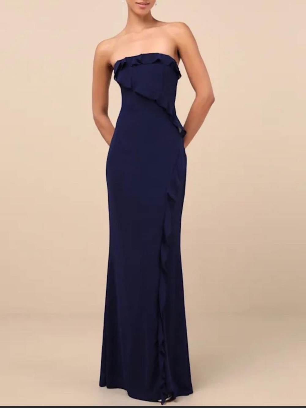 NWT Lulus Excellent Sensation Navy Strapless Ruffled Maxi Dress
